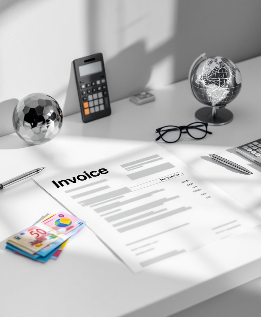 Организованный стол с международным инвойсом и символами глобальной торговли