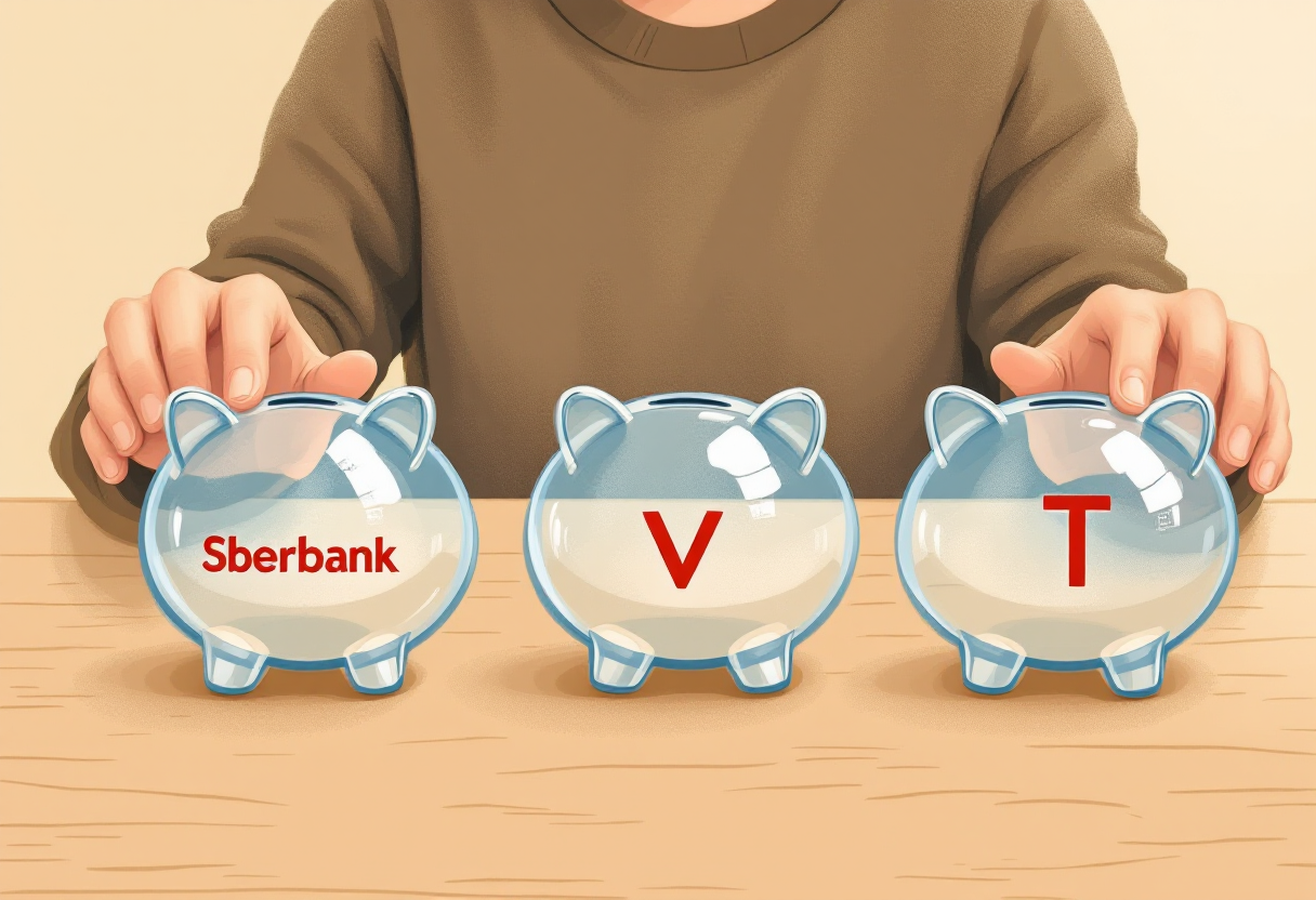 Человек сравнивает прозрачные копилки с символами банков, используя лупу для выбора лучшей ипотечной ставки.