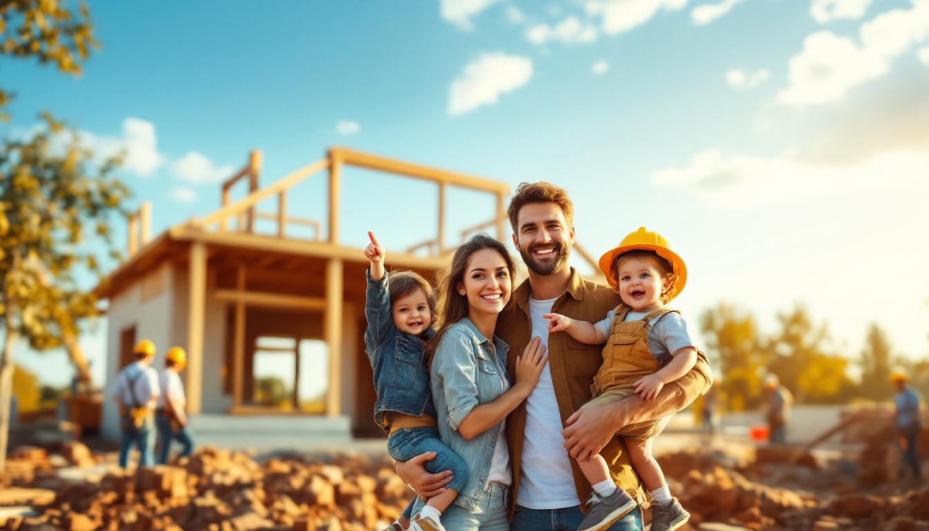 Счастливая семья перед строящимся домом, символизирующая использование материнского капитала в ипотеке