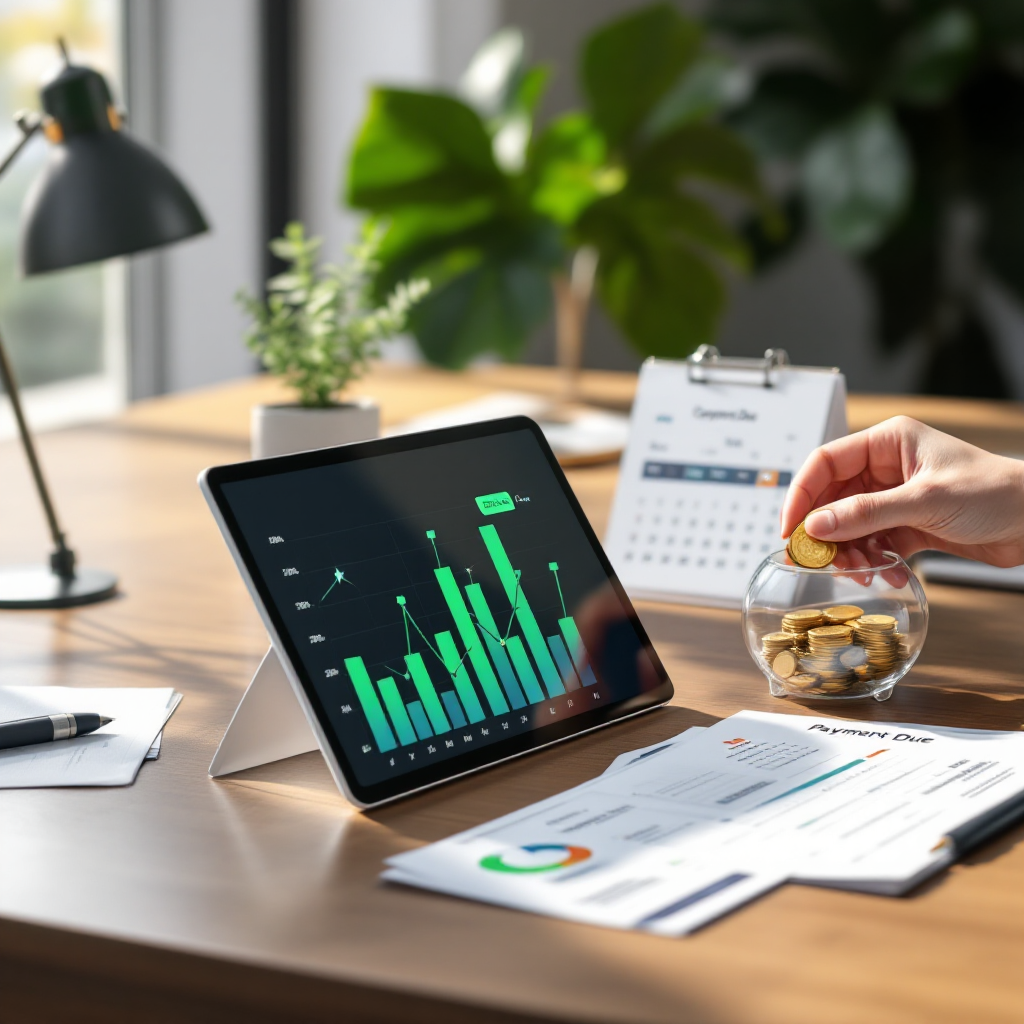 Организованный рабочий стол с графиком платежей и символами финансового роста