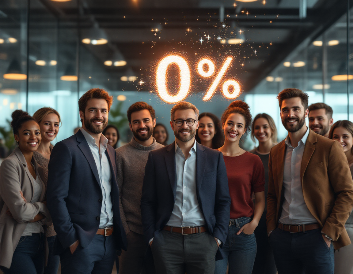 Разнообразная группа людей в современном офисе с символом 0% над ними, символизирующим займ с нулевой ставкой.