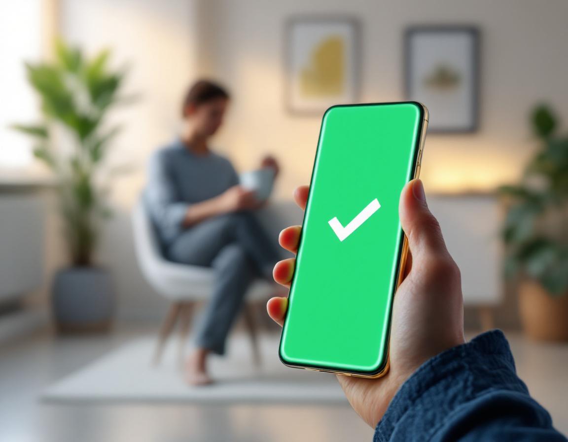 Стилизованное изображение смартфона с зелёной галочкой на экране в светлой комнате, символизирующее лёгкое получение микрозайма.