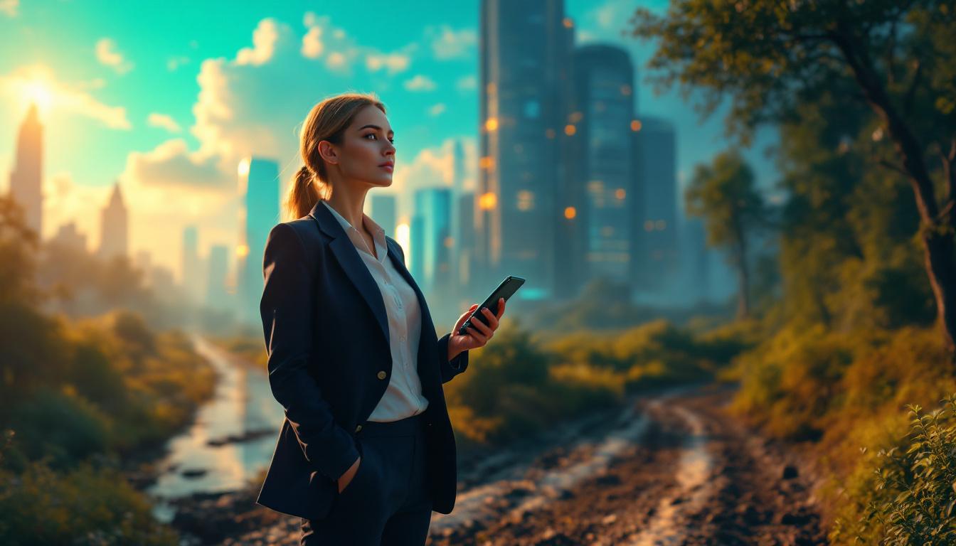 Человек на перепутье между светлым городом и тёмным лесом, символизирующий выбор между преимуществами и недостатками онлайн-займов.