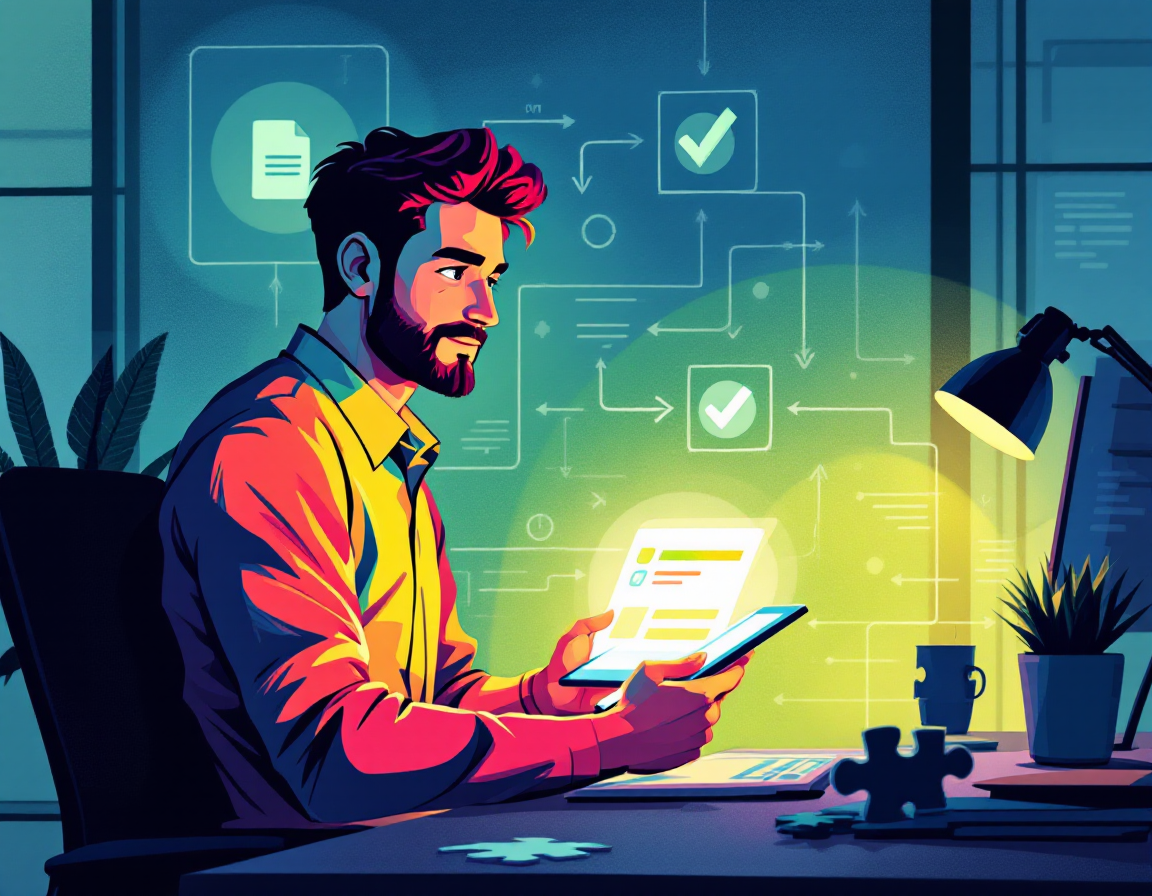 Иллюстрация процесса подачи и одобрения заявки в современном офисе с прогресс-баром и символами.