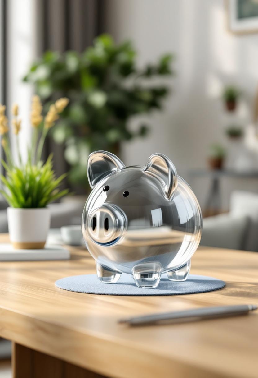 Прозрачная копилка с деньгами и символами платежей на столе в домашнем офисе