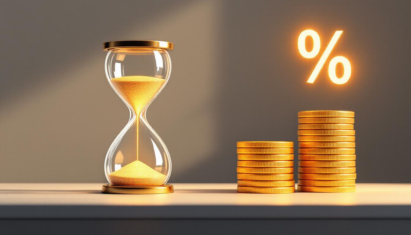 Символическая иллюстрация условий займа: песочные часы, монеты и символ процента в офисе.