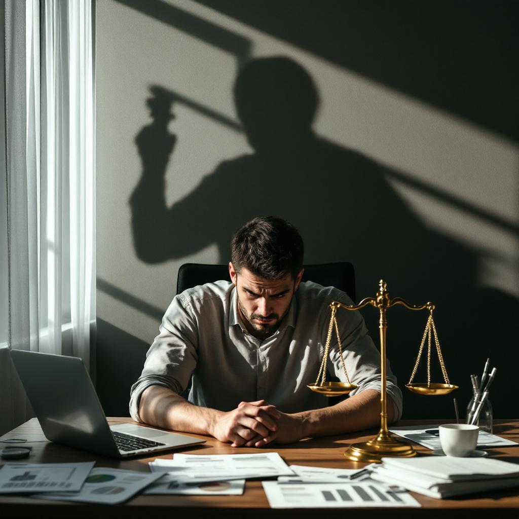 Человек в офисе под угрозой юридических последствий из-за непогашения займа.