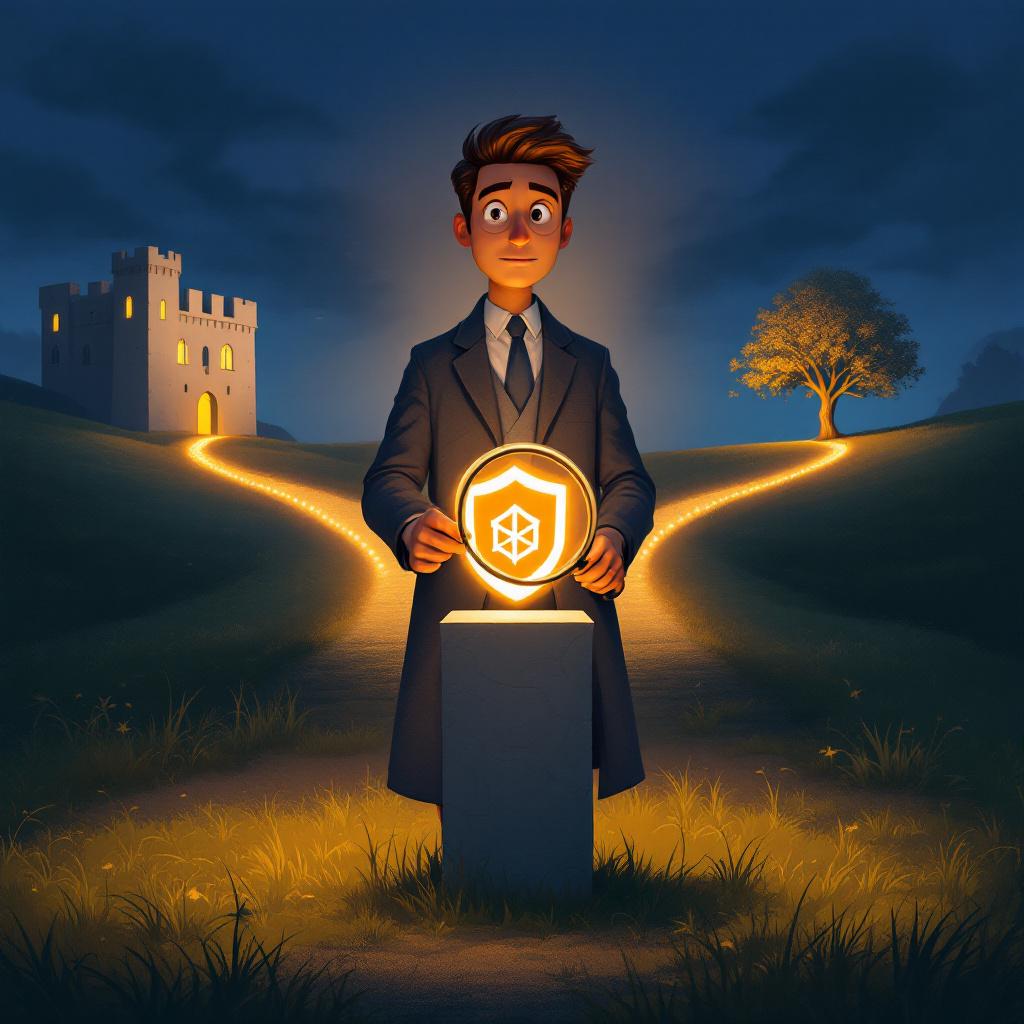 Человек с лупой изучает символ безопасности на перекрёстке финансовых путей, выбирая надёжный кредитор.