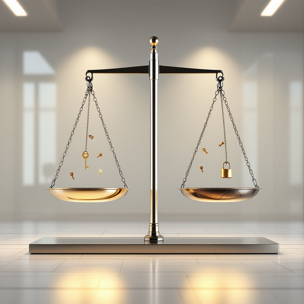 Весы с двумя чашами в современном офисе, символизирующие плюсы и минусы беспроцентных займов.