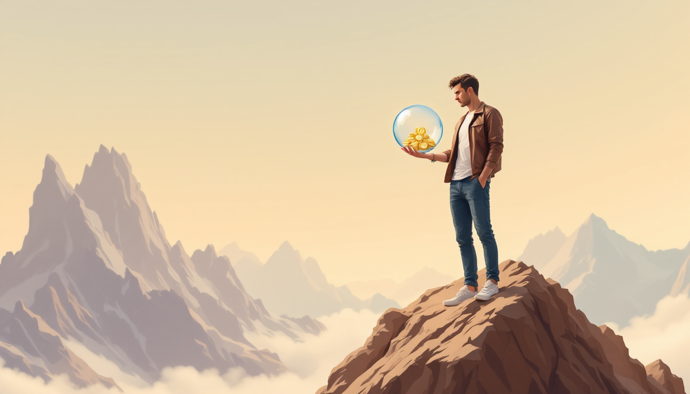 Человек на вершине горы держит кристалл с точным количеством взятых золотых монет, символизируя беспроцентный заём без переплаты.