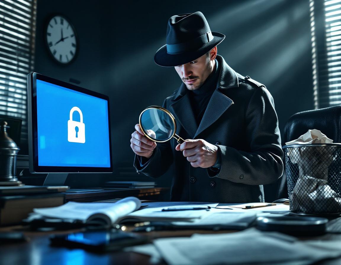 Бдительный человек в офисе изучает документы для защиты от мошенничества.