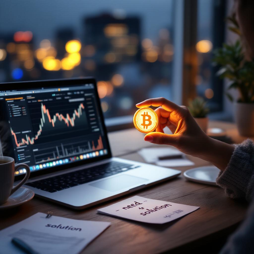 Рука держит светящуюся цифровую монету в домашнем офисе, символизируя онлайн-займы и микрозаймы.