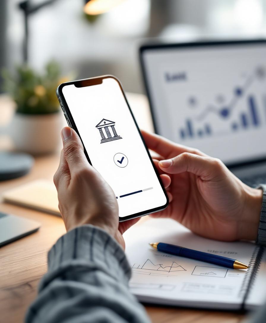 Человек на смартфоне выбирает финансовую организацию для онлайн-займа на карту, окруженный символами процесса оформления.