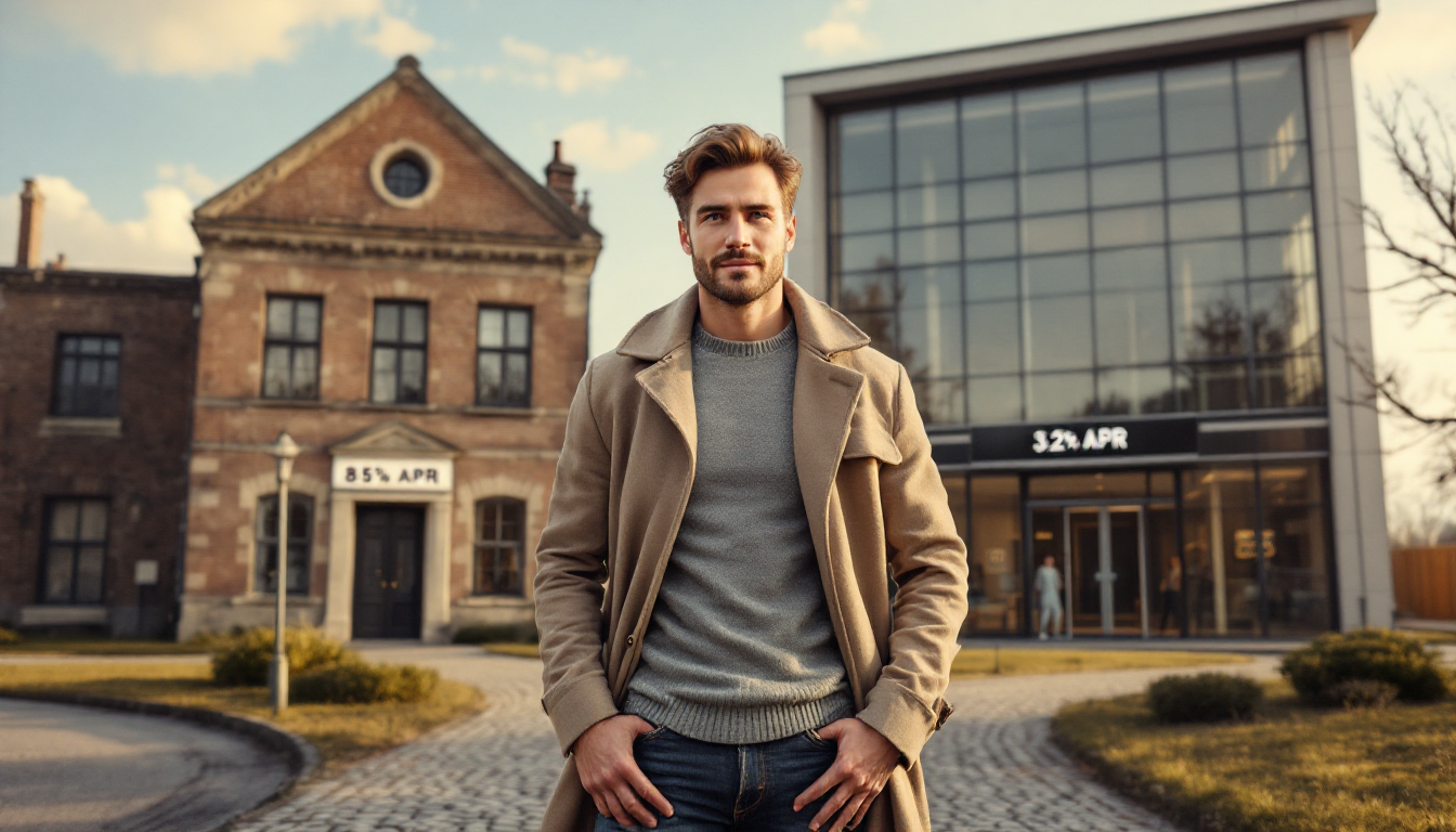 Человек на перекрестке, выбирающий между старым и новым банком при переводе ипотеки.