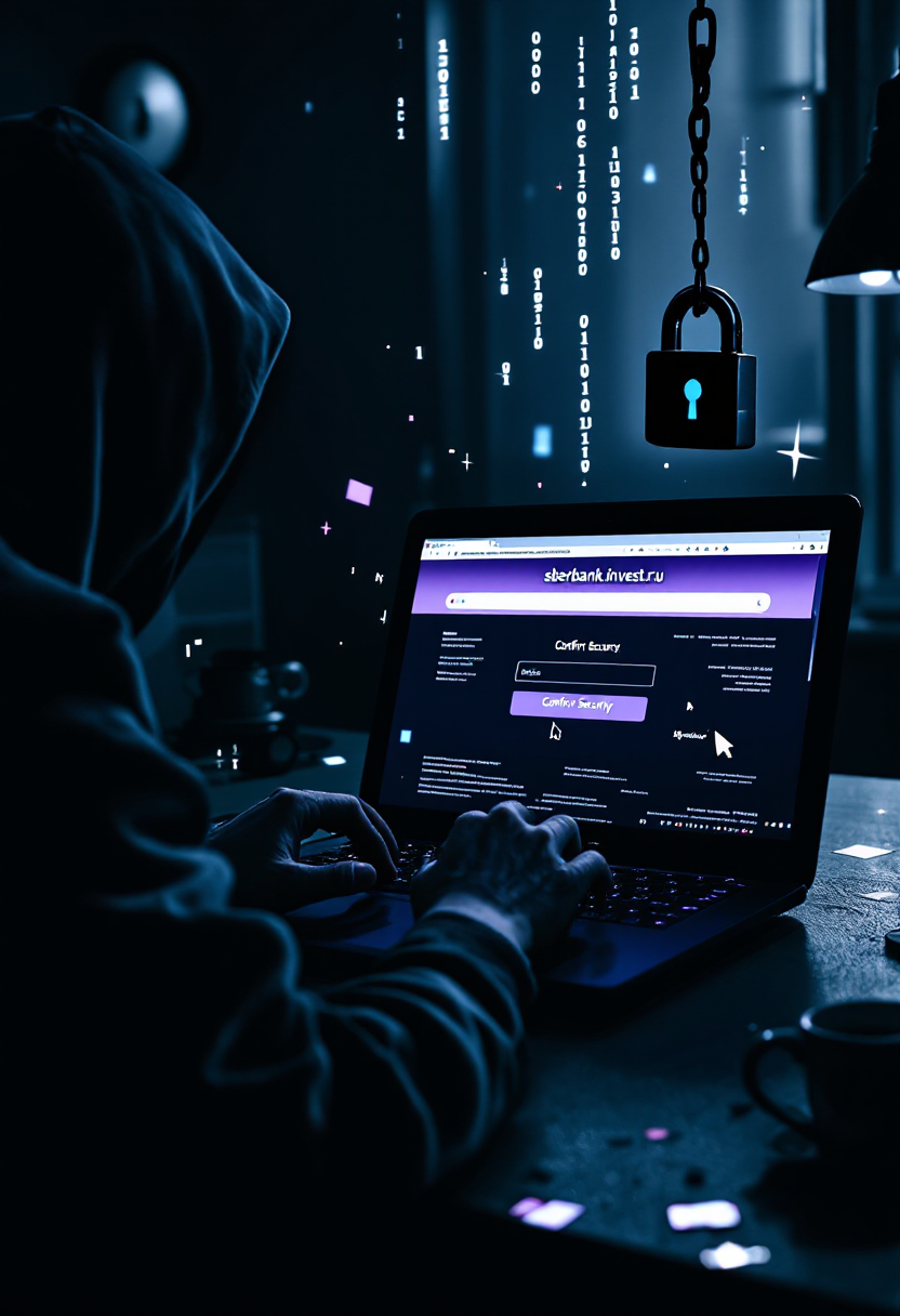 Изображение фишинговой атаки: тёмная фигура за ноутбуком с поддельным банковским сайтом на экране.