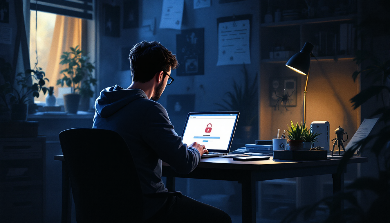 Человек за ноутбуком с поддельной платёжной страницей и телефоном с фальшивым приложением в затемнённом офисе.