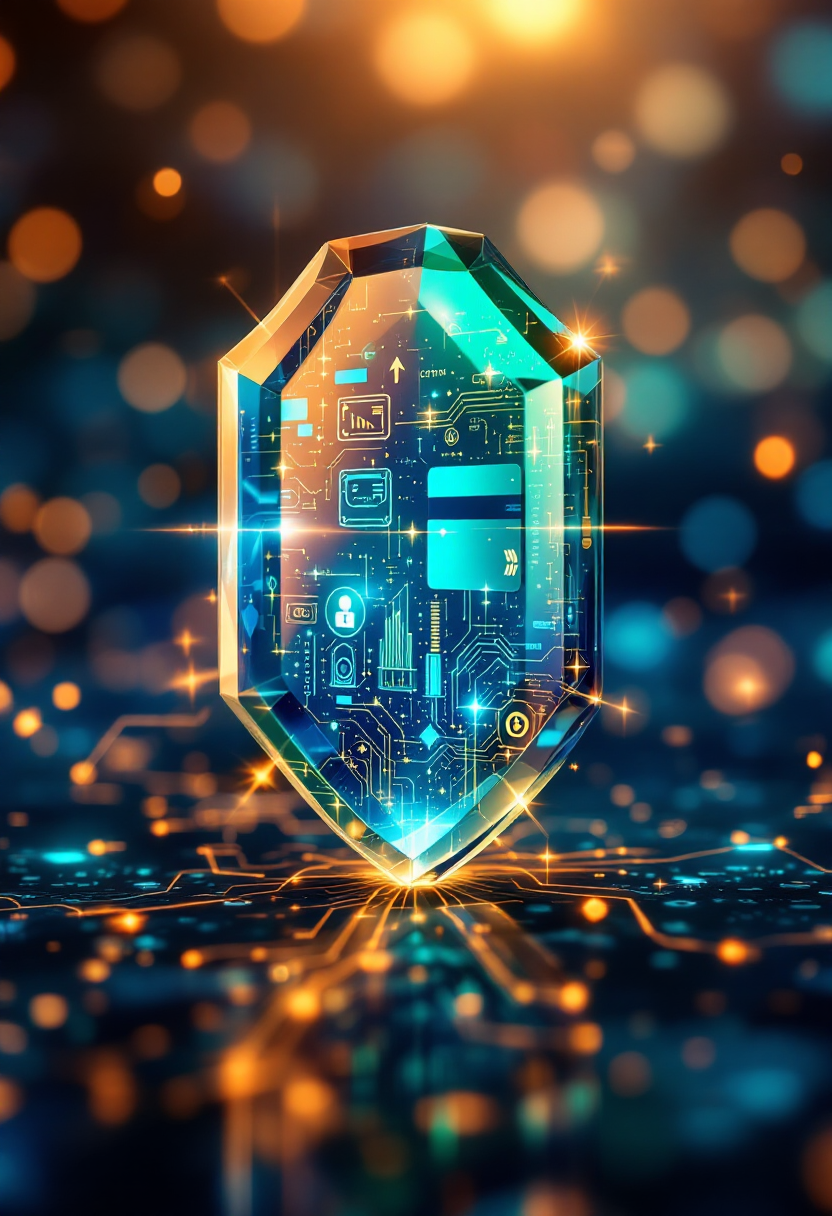 Кристаллический щит, защищающий цифровые платёжные данные в футуристической среде.