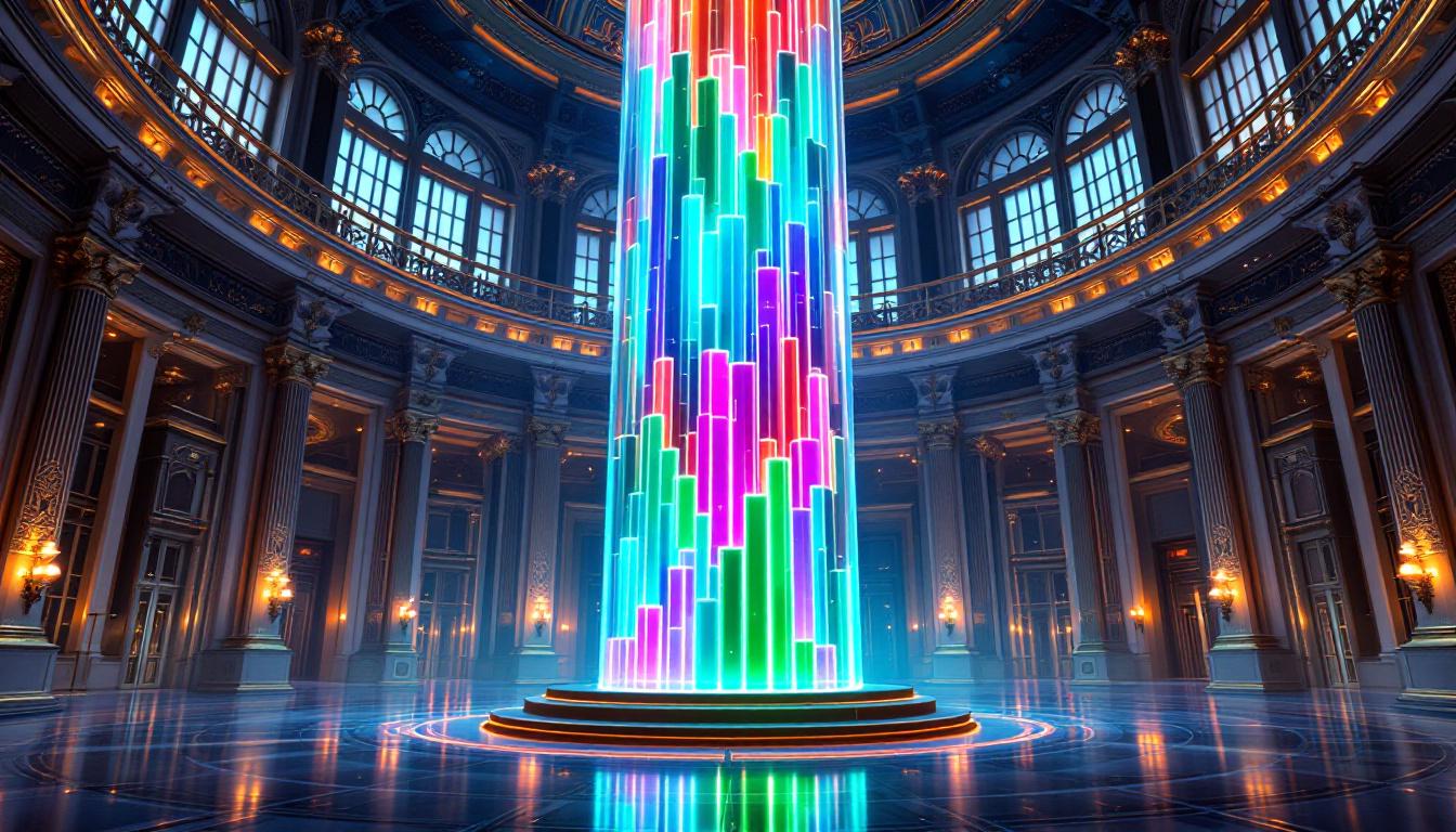 Абстрактная фигура анализирует разноцветные графики процентных ставок в прозрачной колонне внутри элегантного финансового зала.