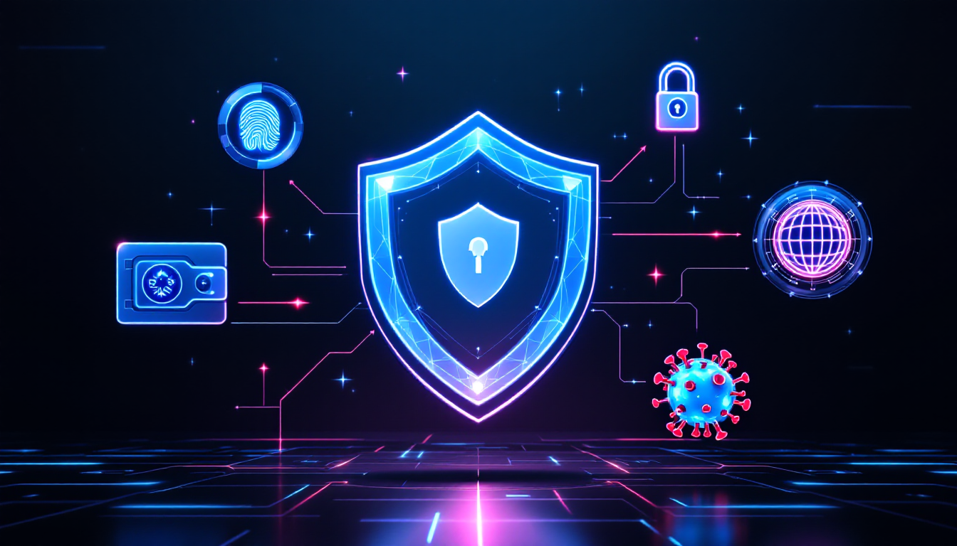 Футуристический щит с технологиями защиты для онлайн-платежей в цифровой среде.