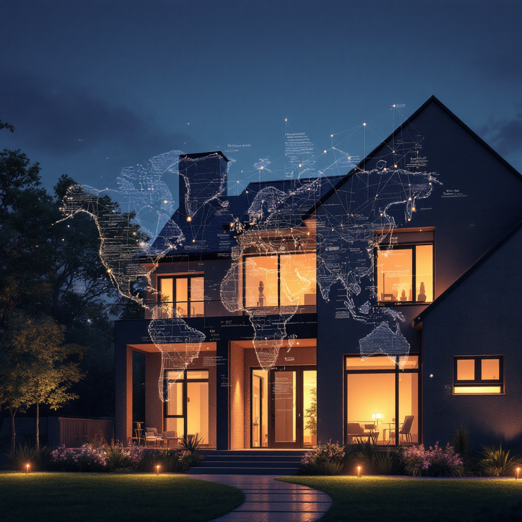 Символическое изображение дома с юридическими документами и картой, отражающее сложности перевода ипотеки с материнским капиталом в другой город.