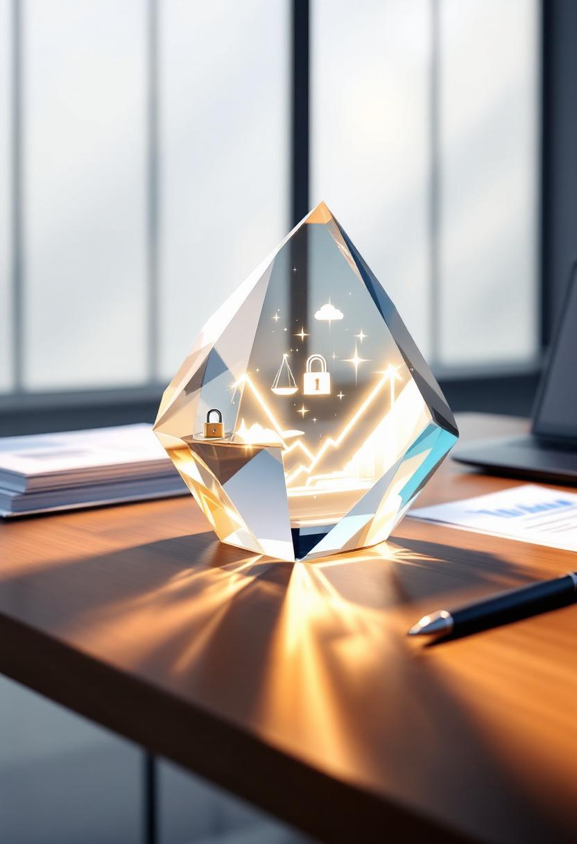 Кристалл с гранями, отражающими символы безопасности, регулирования и инвестиций на столе в современном офисе.