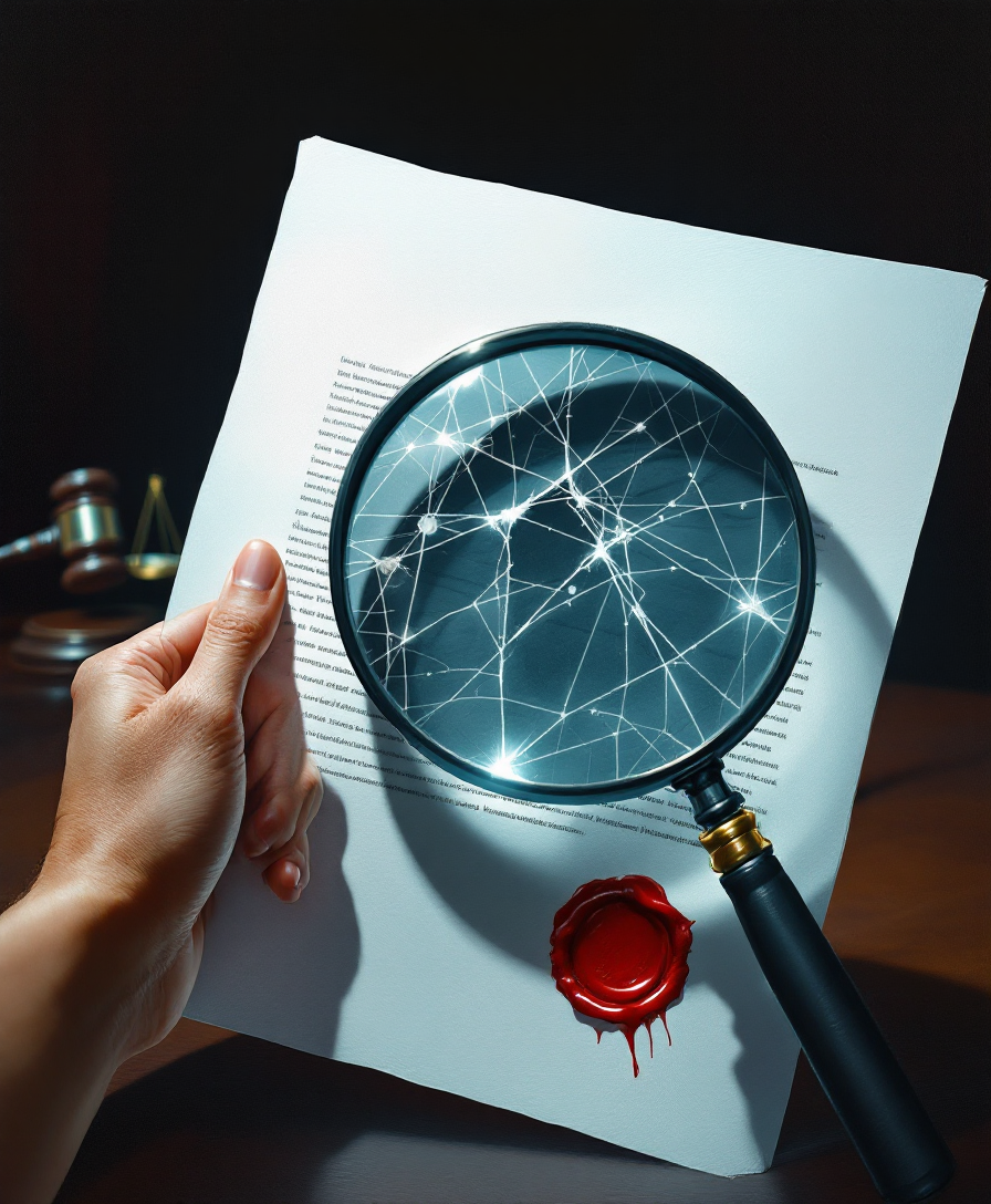 Рука с лупой, раскрывающей скрытую сеть мошенничества на документе в судебном окружении