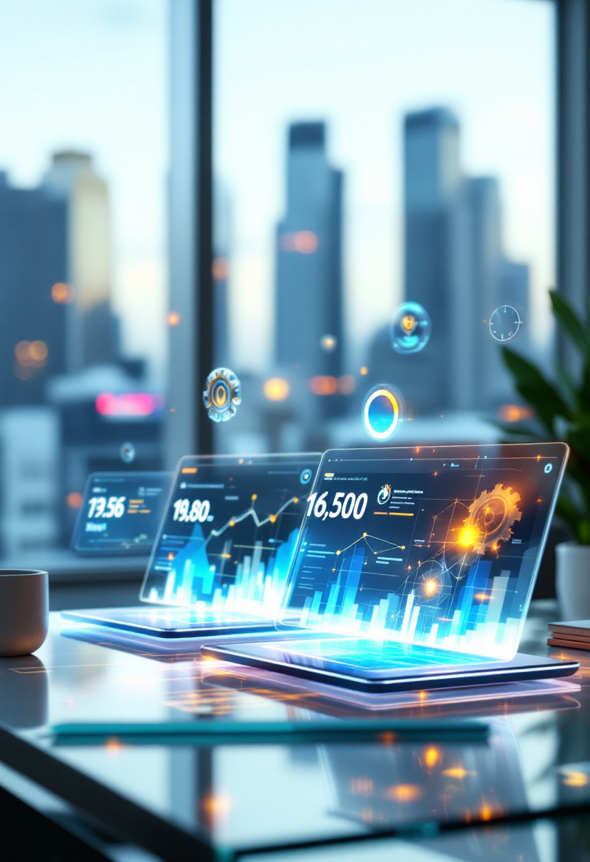 Три планшета с визуализацией тарифов и парящие шестерёнки, символизирующие комиссии, на столе в современном офисе.