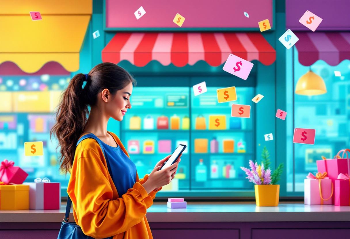 Человек с телефоном, окружённый символами кэшбэка, на фоне разнообразных покупок.
