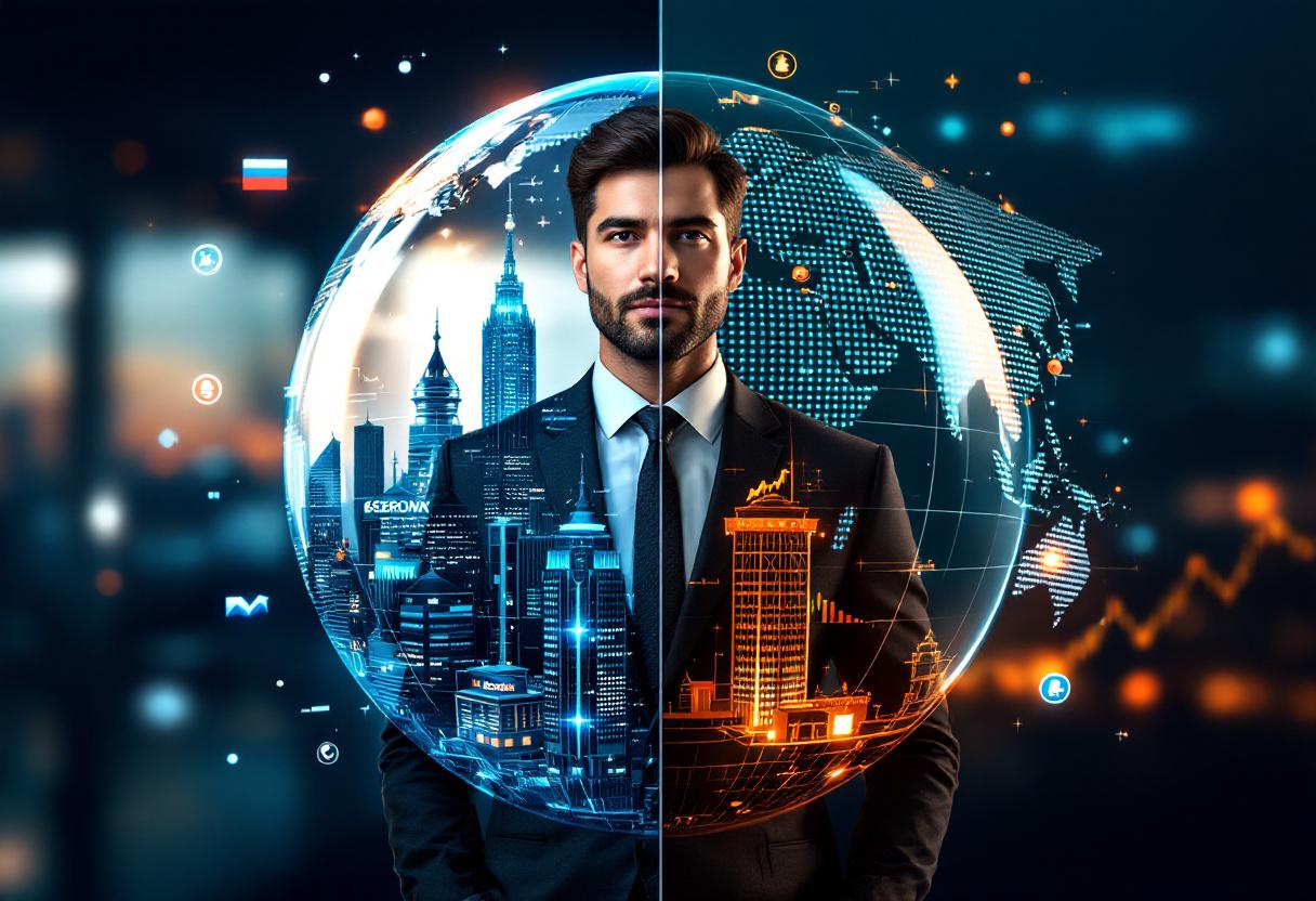 Инвестор указывает на глобус, символизирующий доступ к российским и международным финансовым рынкам, с элементами биржи и регуляторов.