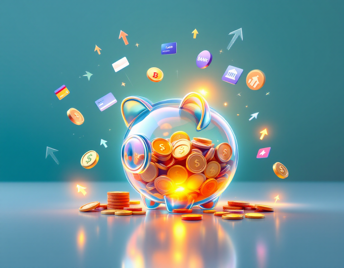 Сравнение банковских предложений по кэшбэку: стеклянная копилка с деньгами, окружённая стрелками и символами банков.