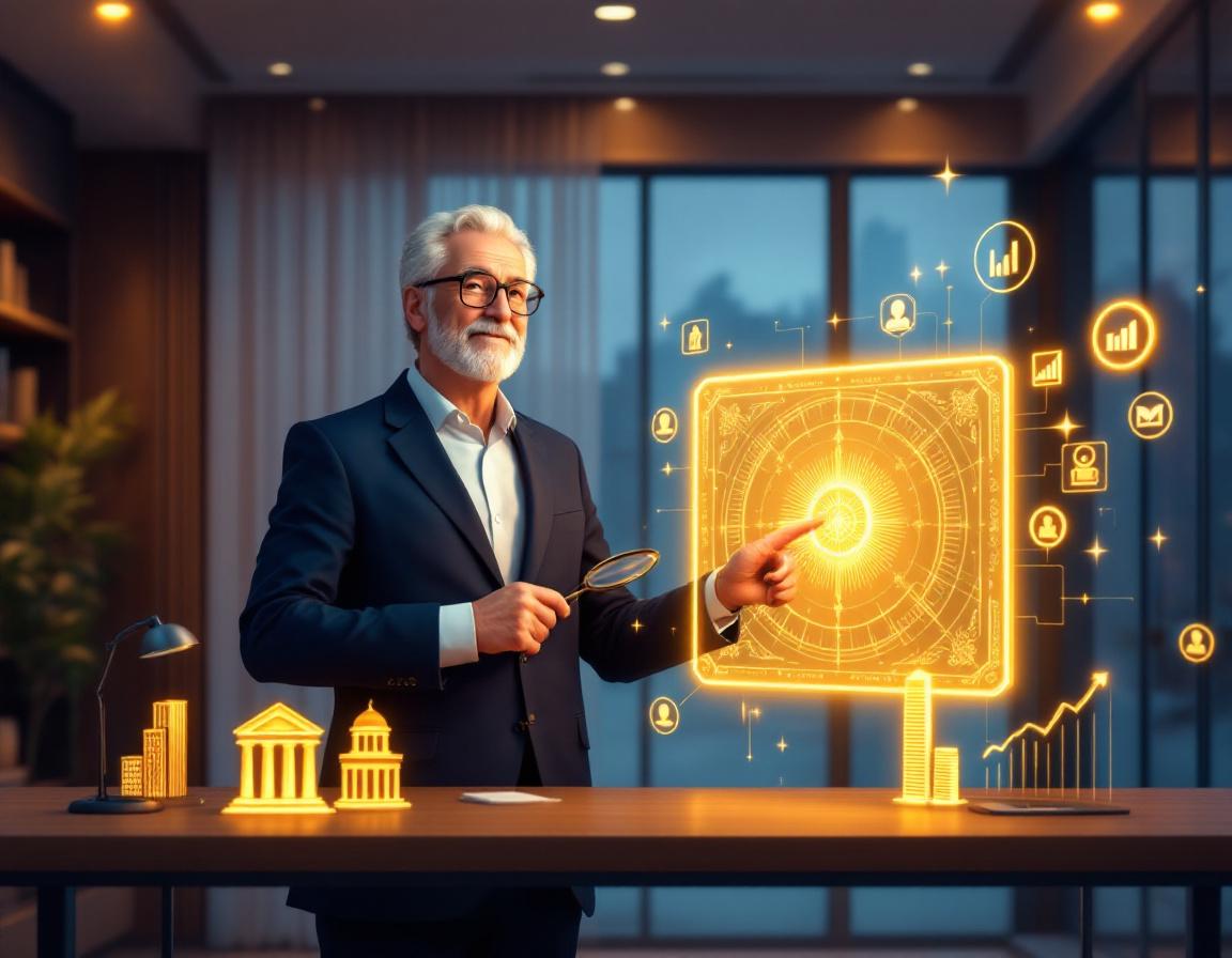 Финансовый консультант анализирует голограмму облигации в офисе, символизируя переход от банковских вкладов к инвестициям.