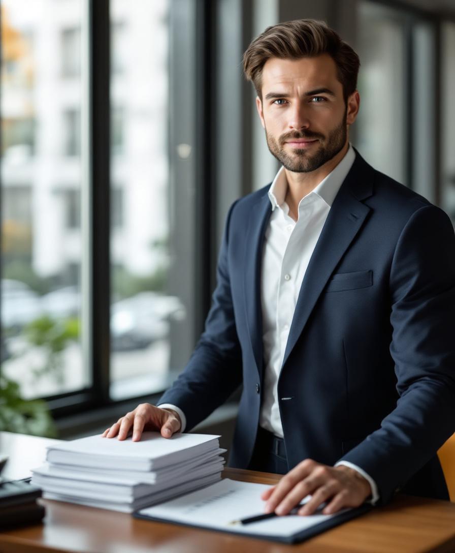 Профессионал в офисе с документами и символами требований для займа.