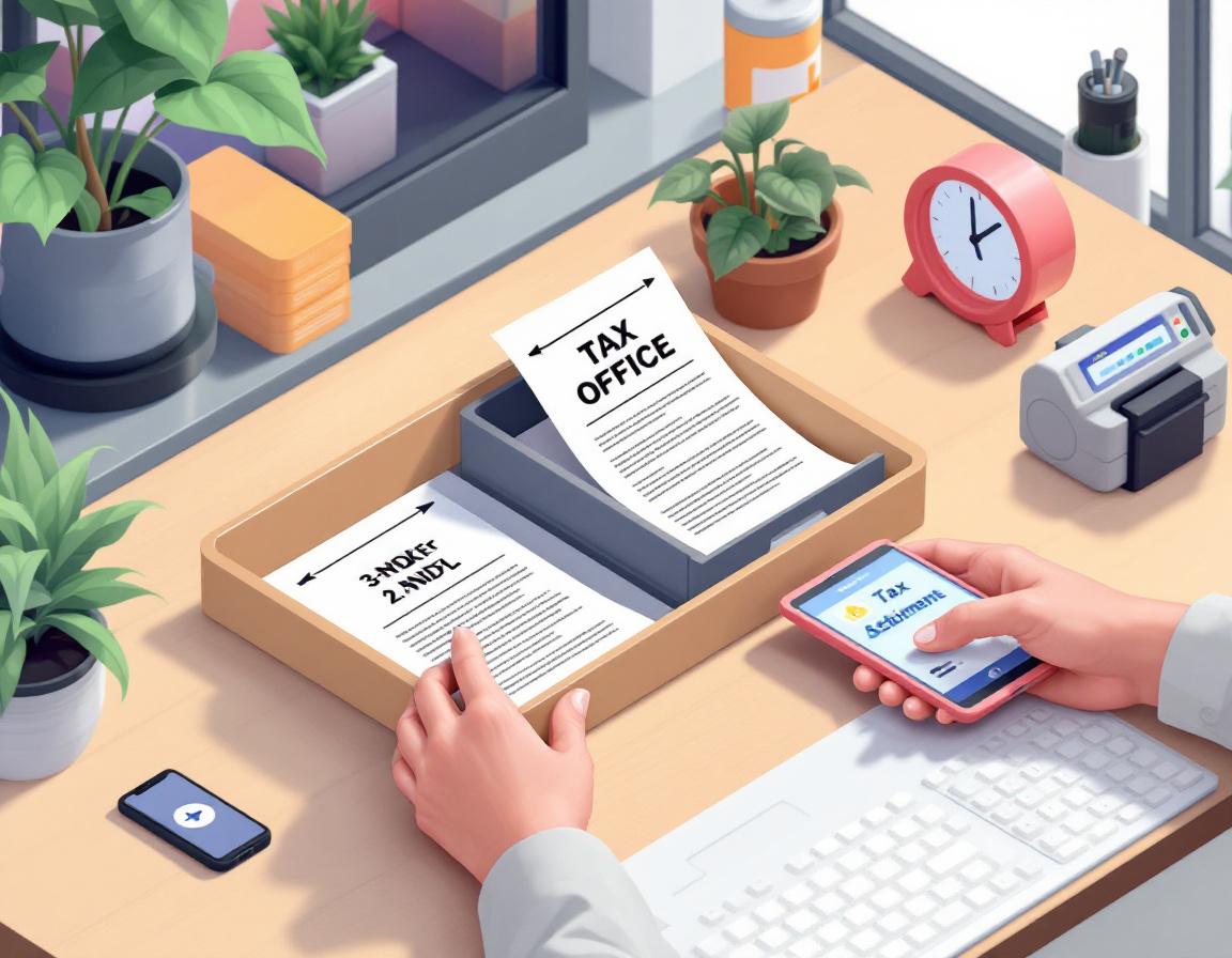 Иллюстрация упрощённой подачи заявления: руки человека одновременно сдают документы в лоток и используют планшет для онлайн-подачи в современном офисе.