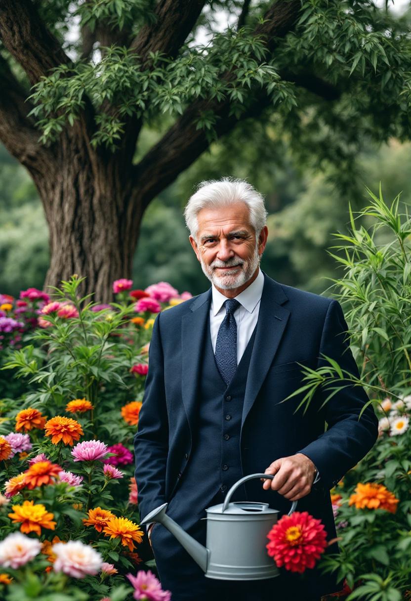 Мудрый садовник ухаживает за символическим садом облигаций, где разные растения представляют виды облигаций и их доходность.