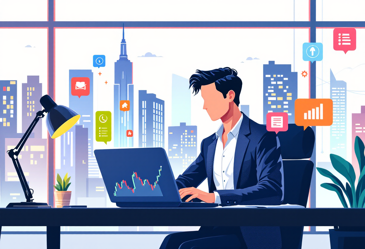 Человек за ноутбуком в офисе с графиками и символами инвестиций в облигации.