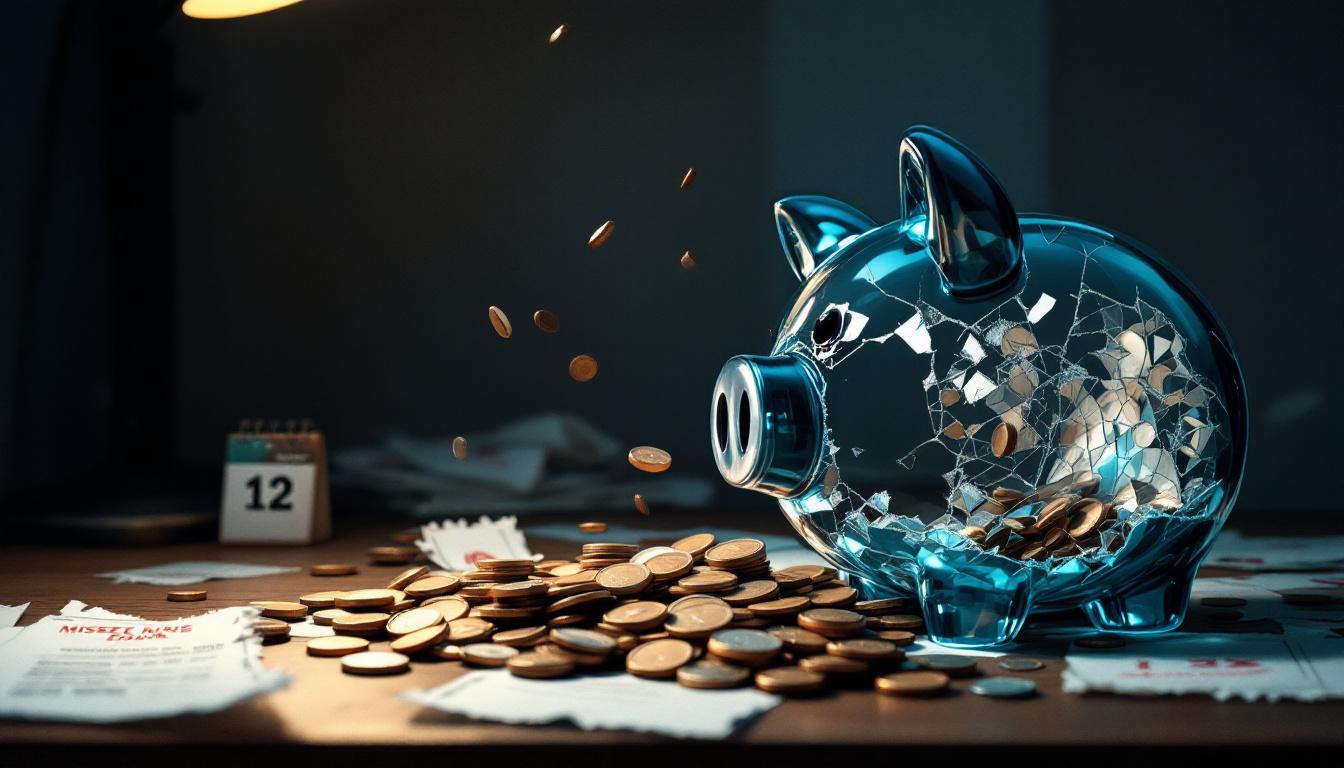 Разбитая копилка на столе с рассыпанными монетами и испорченными финансовыми документами, символизирующая потери из-за нарушения правил ИИС.
