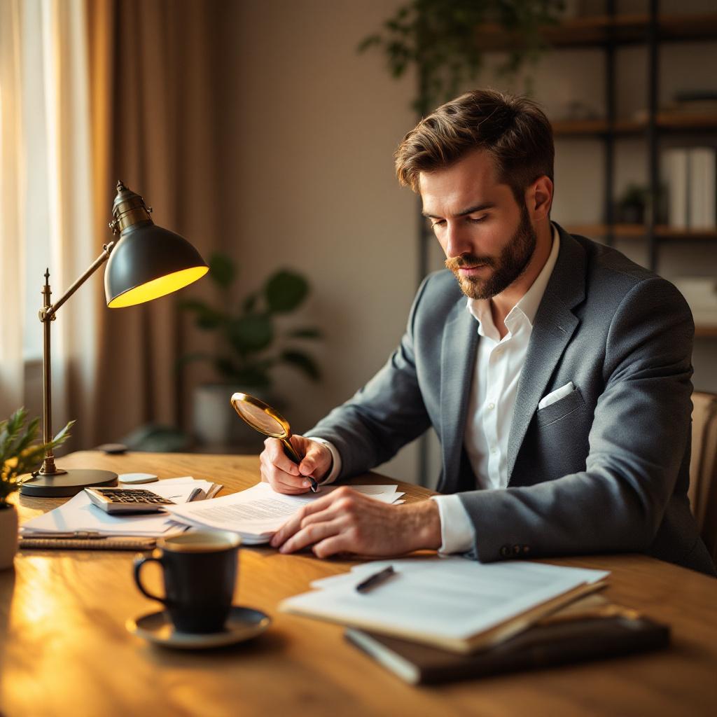 Человек в домашнем офисе изучает налоговые документы с лупой, символизируя поиск вычетов.