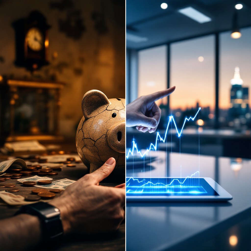 Сравнение традиционных сбережений в виде копилки и современных инвестиционных вычетов на цифровом устройстве с графиком роста.