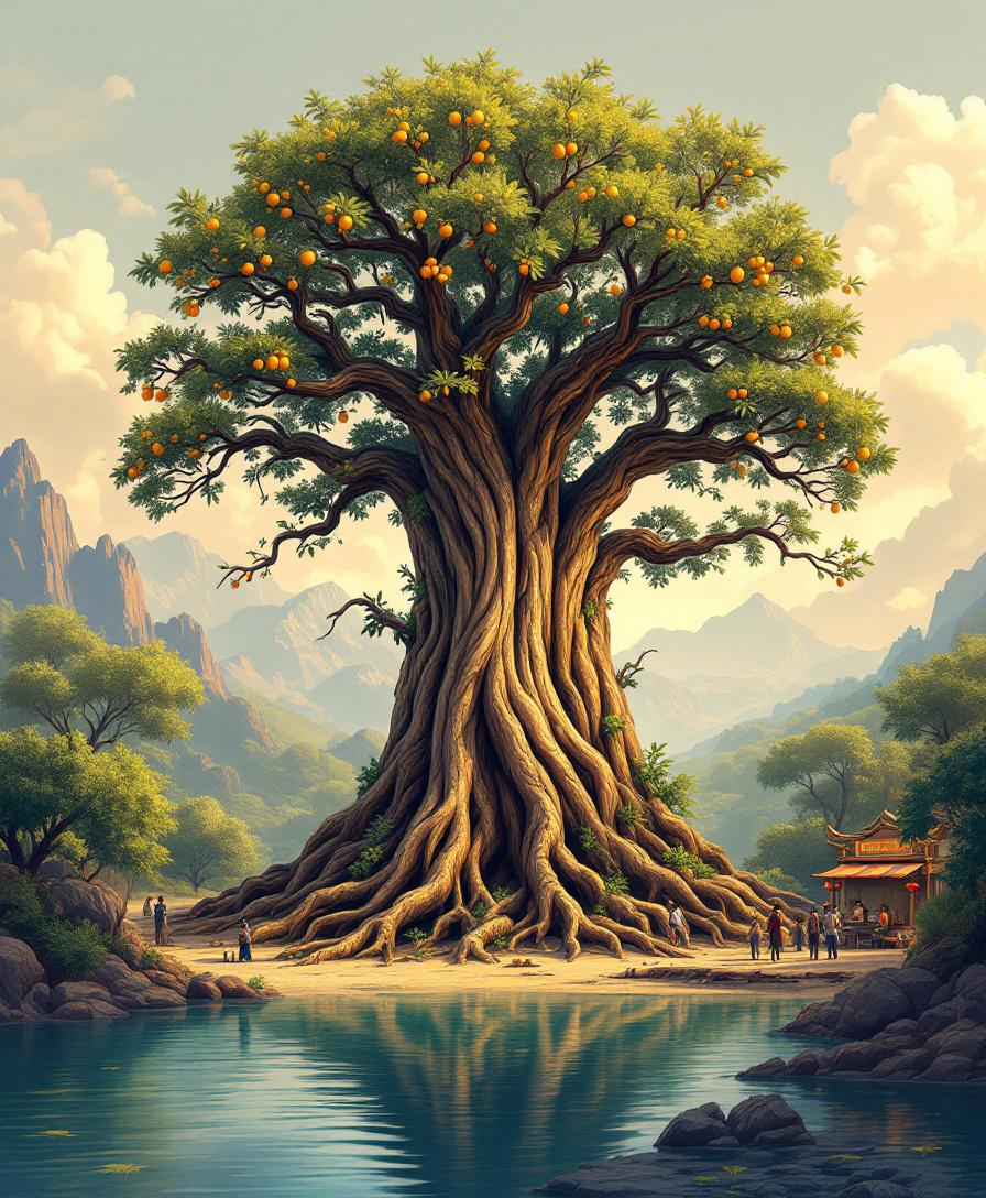 Символическое изображение дерева с разными плодами и ландшафтами, представляющее критерии оценки инвестиционных фондов.