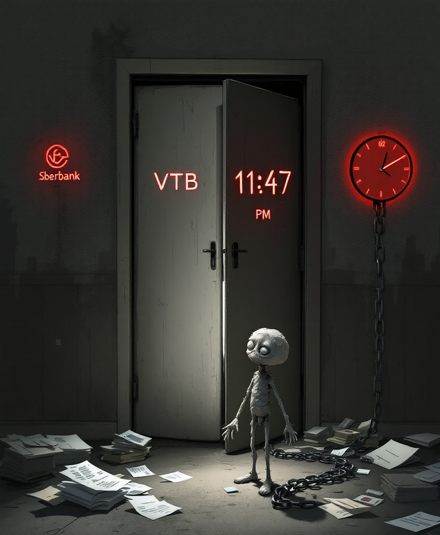 Символическое изображение проблем заёмщика: фигура из крошащейся глины в комнате с разбросанными счетами и закрытой дверью банка, передающее стресс от просрочек по кредитам.