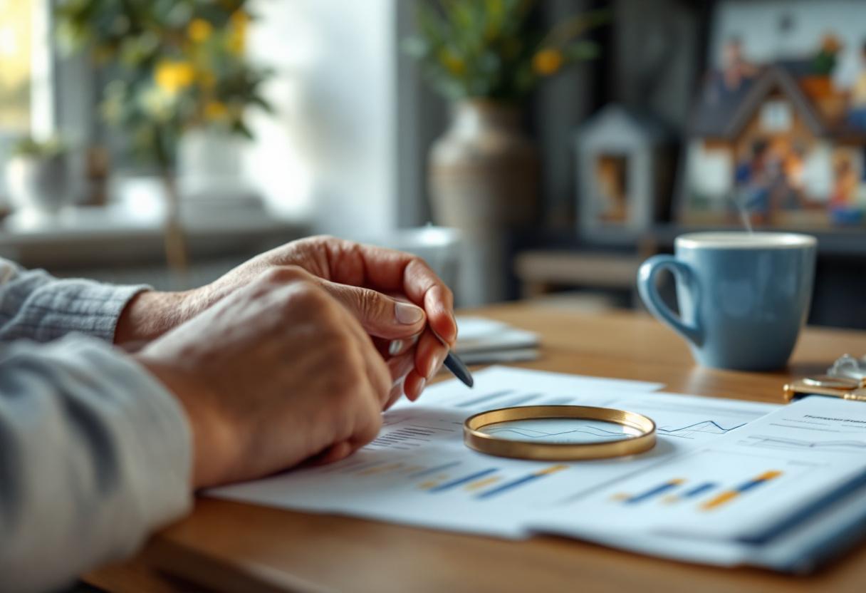 Руки человека внимательно изучают инвестиционные документы на столе в домашнем офисе, символизируя проверку перед вложением средств.