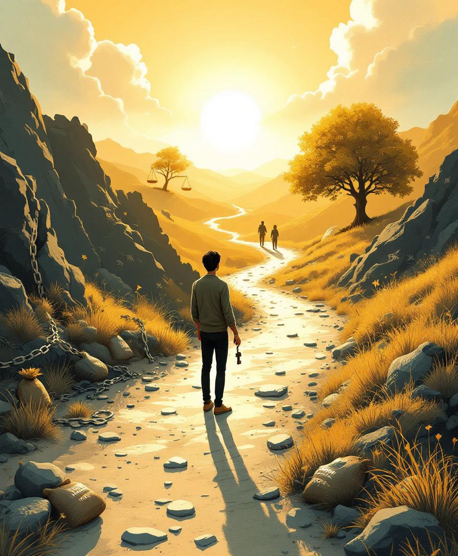 Человек на перепутье финансового пути, выбирая между тяжёлым долгом и светлым путём с символами снижения нагрузки и восстановления платёжеспособности.