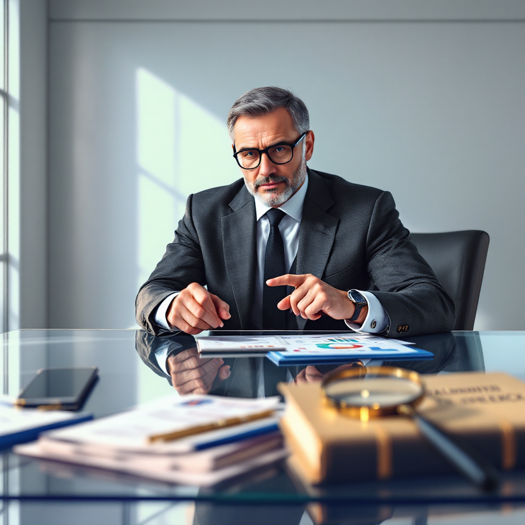 Юрист анализирует налоговый кодекс и финансовые графики в современном офисе, символизируя законную оптимизацию налогов.