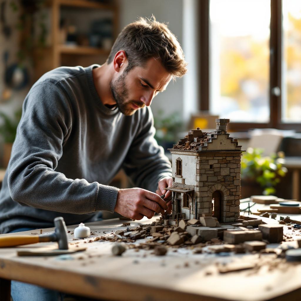 Человек собирает модель здания из старых деталей, символизируя восстановление кредитной истории.