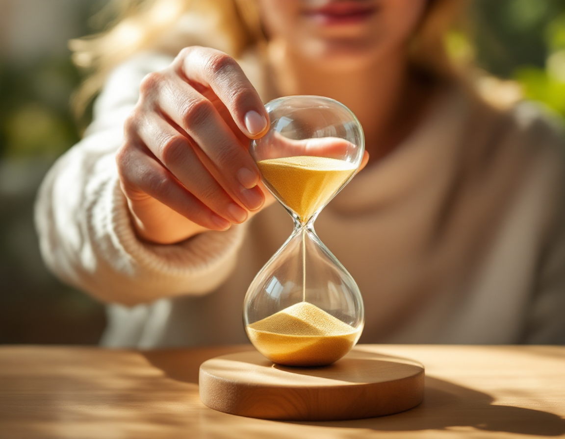 Человек держит прозрачные песочные часы с застывшим песком, символизирующие льготный период по кредитной карте.