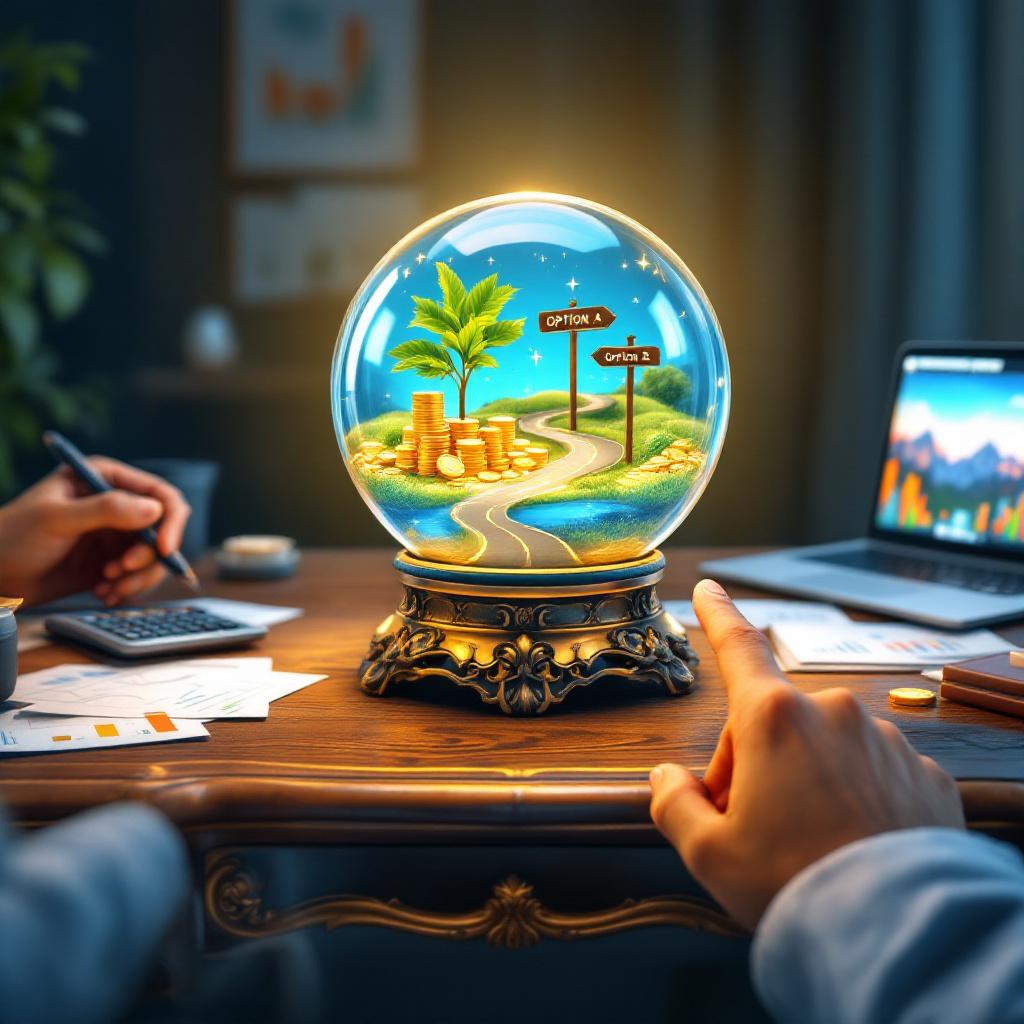 Иллюстрация с хрустальным шаром, показывающим три сценария экономии в современном офисе.