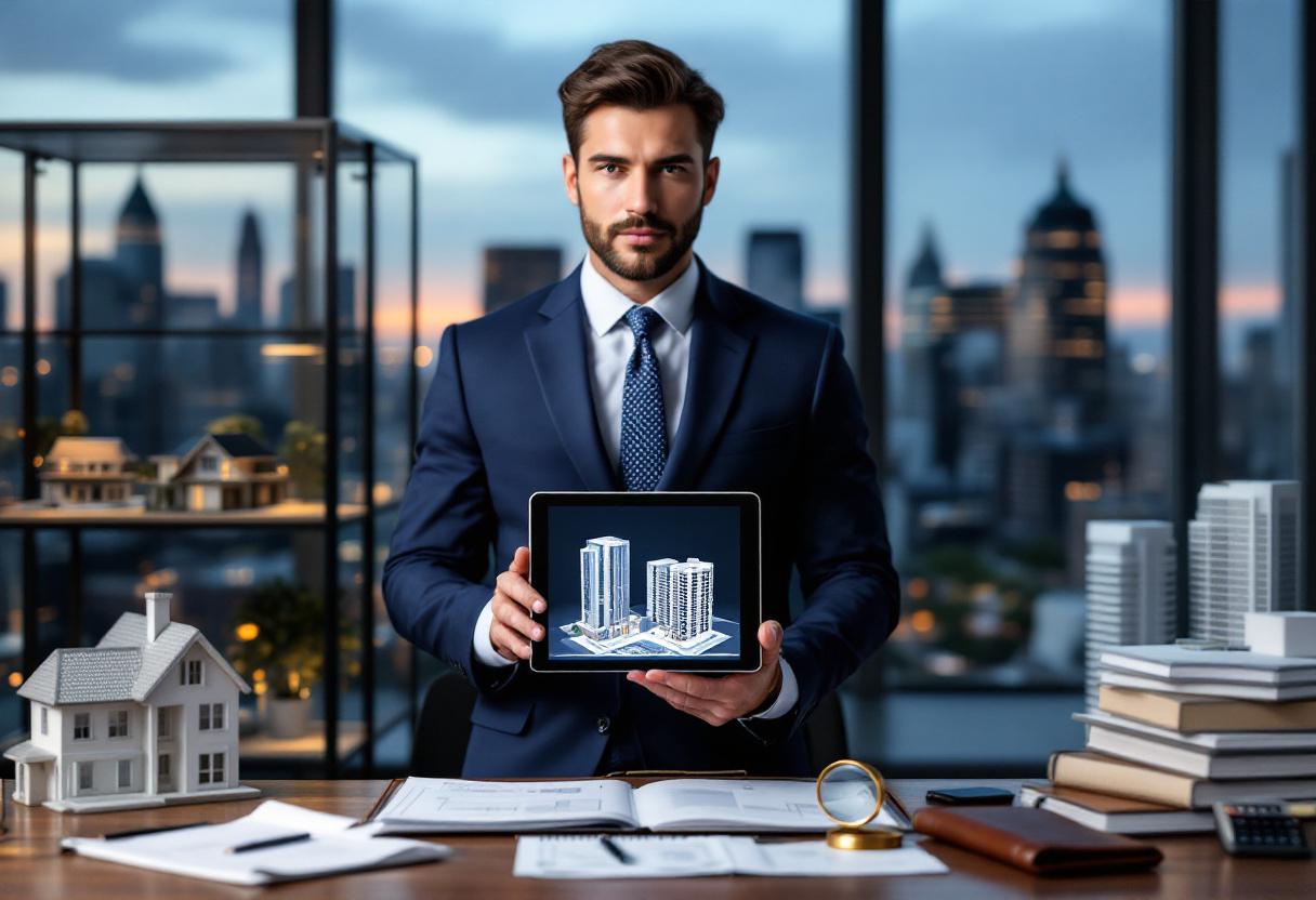 Профессиональный оценщик недвижимости в офисе анализирует архитектурные планы для залоговой оценки.