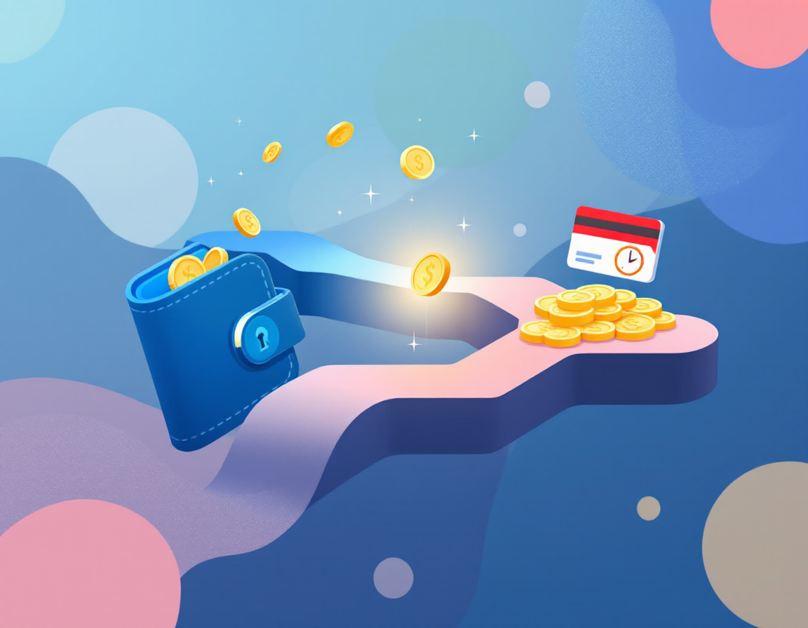 Визуализация различий между дебетовыми и кредитными картами: два расходящихся пути с символами кошелька и кредитки, показывающие прямое использование средств и заёмные деньги.