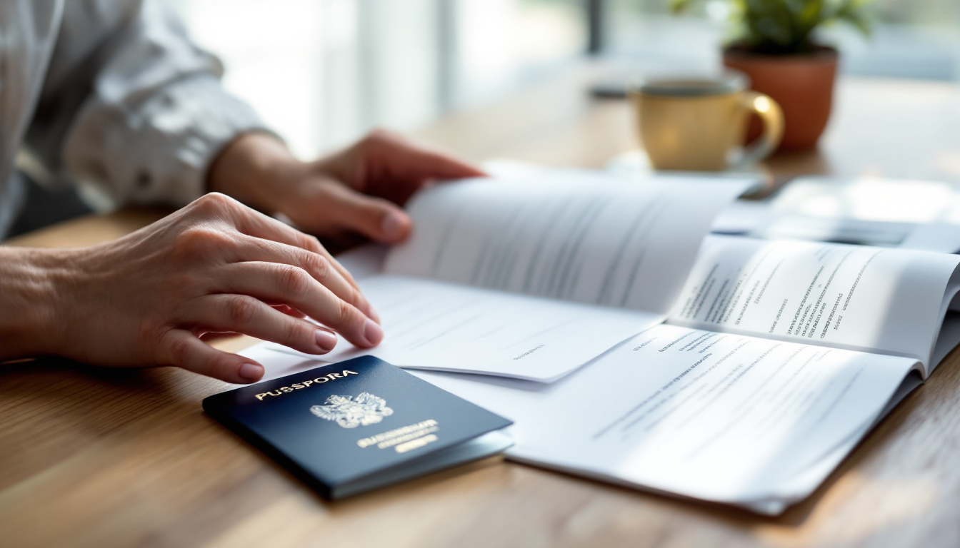 Руки человека аккуратно собирают и готовят документы на столе в домашнем офисе.