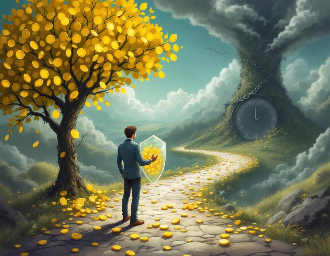 Человек на перепутье в сюрреалистичном пейзаже, символизирующем баланс преимуществ и рисков кредитных карт с грейс-периодом.